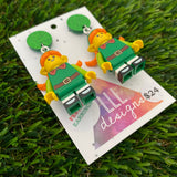 Christmas Elf Girl Brick Earrings- Festive Christmas Elf Girl Dangle Earrings, Featuring a Glitzy Bright Green Top.