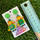 Christmas Elf Girl Brick Earrings- Festive Christmas Elf Girl Dangle Earrings, Featuring a Glitzy Bright Green Top.