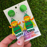 Christmas Elf Girl Brick Earrings- Festive Christmas Elf Girl Dangle Earrings, Featuring a Glitzy Bright Green Top.