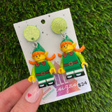 Christmas Elf Girl Brick Earrings- Festive Christmas Elf Girl Dangle Earrings, Featuring a Glitzy Lime Green Top
