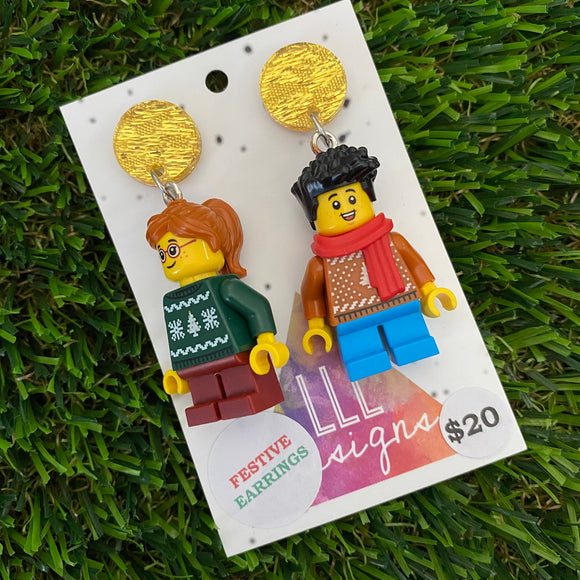 Christmas Sweater Kid Brick Earrings- Festive Christmas Sweater and Winter Scarf Kid Dangle Earrings, Featuring a Glitzy Gold Top.