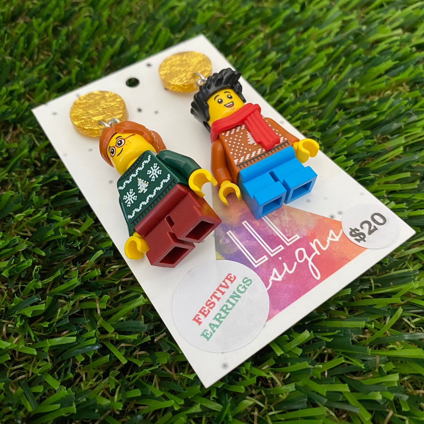 Christmas Sweater Kid Brick Earrings- Festive Christmas Sweater and Winter Scarf Kid Dangle Earrings, Featuring a Glitzy Gold Top.
