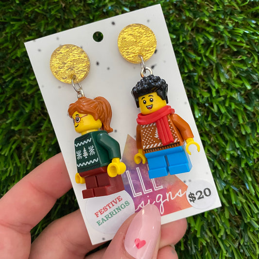 Christmas Sweater Kid Brick Earrings- Festive Christmas Sweater and Winter Scarf Kid Dangle Earrings, Featuring a Glitzy Gold Top.