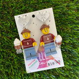 Christmas Hot Chocolate Brick Earrings- Festive Hot Chocolate Guy Brick Dangle Earrings, Featuring Silver Heart Mirror Tops with Snowflakes.