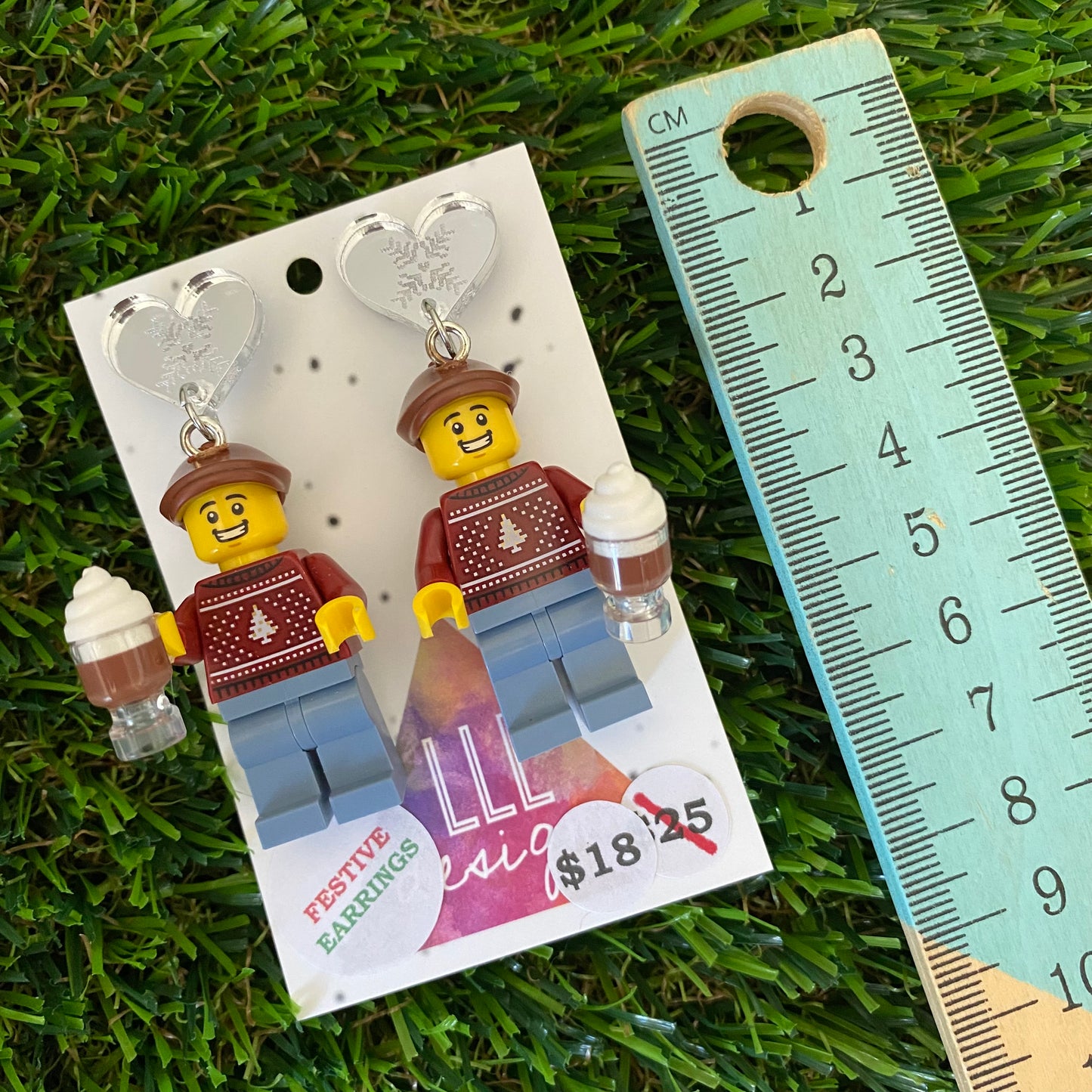 Christmas Hot Chocolate Brick Earrings- Festive Hot Chocolate Guy Brick Dangle Earrings, Featuring Silver Heart Mirror Tops with Snowflakes.