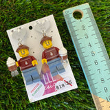 Christmas Hot Chocolate Brick Earrings- Festive Hot Chocolate Guy Brick Dangle Earrings, Featuring Silver Heart Mirror Tops with Snowflakes.