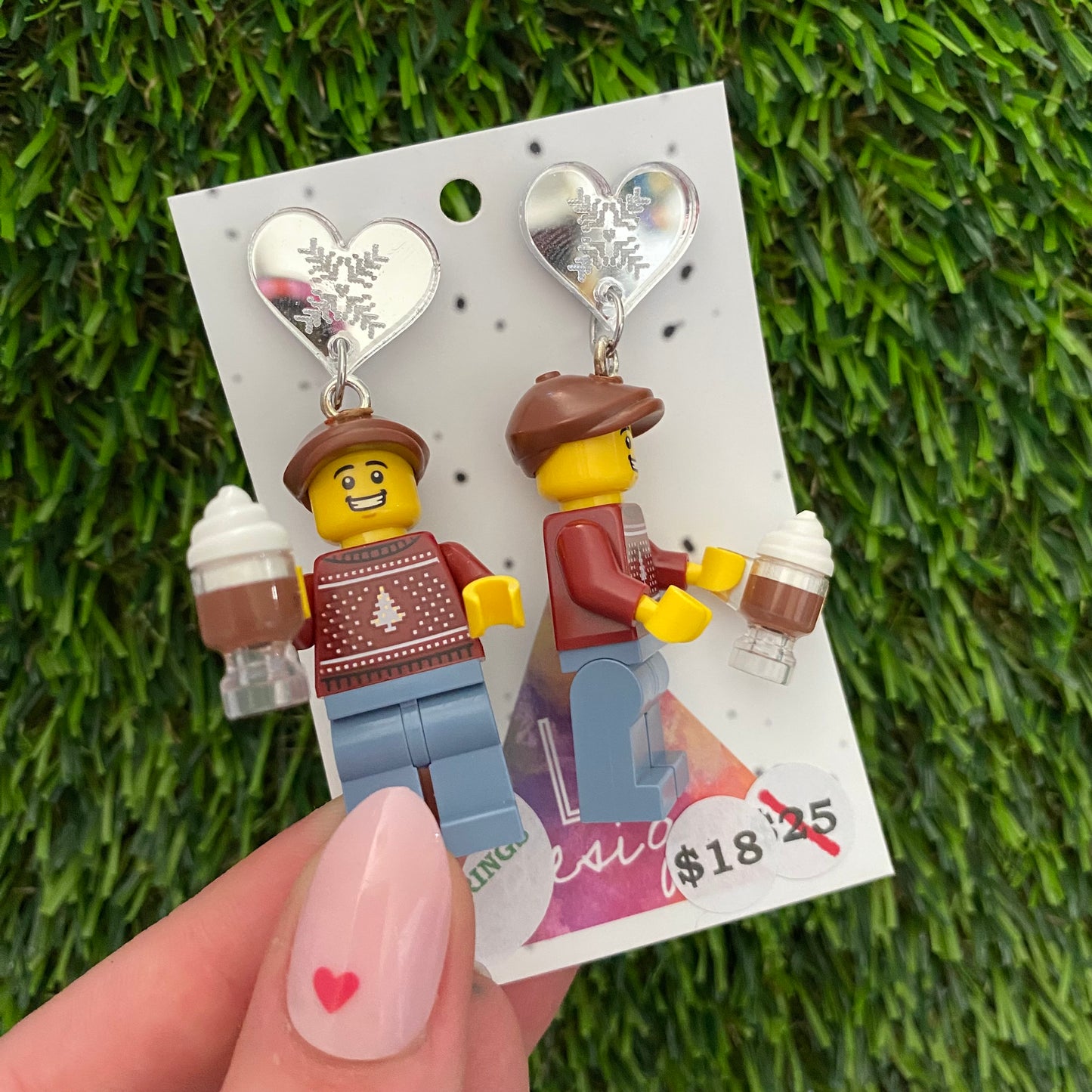 Christmas Hot Chocolate Brick Earrings- Festive Hot Chocolate Guy Brick Dangle Earrings, Featuring Silver Heart Mirror Tops with Snowflakes.