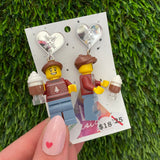 Christmas Hot Chocolate Brick Earrings- Festive Hot Chocolate Guy Brick Dangle Earrings, Featuring Silver Heart Mirror Tops with Snowflakes.