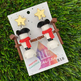 Christmas Snowman Brick Earrings- Simple Christmas Snowman with Pirate Hat Brick Dangle Earrings, Featuring Festive Gold Star Tops.