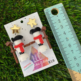 Christmas Snowman Brick Earrings- Simple Christmas Snowman with Pirate Hat Brick Dangle Earrings, Featuring Festive Gold Star Tops.