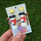 Christmas Snowman Brick Earrings- Simple Christmas Snowman with Pirate Hat Brick Dangle Earrings, Featuring Festive Gold Star Tops.