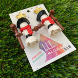 Christmas Snowman Brick Earrings- Simple Christmas Snowman with Pirate Hat Brick Dangle Earrings, Featuring Festive Gold Star Tops.