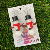 Christmas Snowman Brick Earrings- Simple Christmas Snowman with Top Hat Brick Dangle Earrings, Featuring Festive Silver Star Tops.