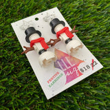 Christmas Snowman Brick Earrings- Simple Christmas Snowman with Top Hat Brick Dangle Earrings, Featuring Festive Silver Star Tops.