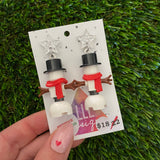 Christmas Snowman Brick Earrings- Simple Christmas Snowman with Top Hat Brick Dangle Earrings, Featuring Festive Silver Star Tops.
