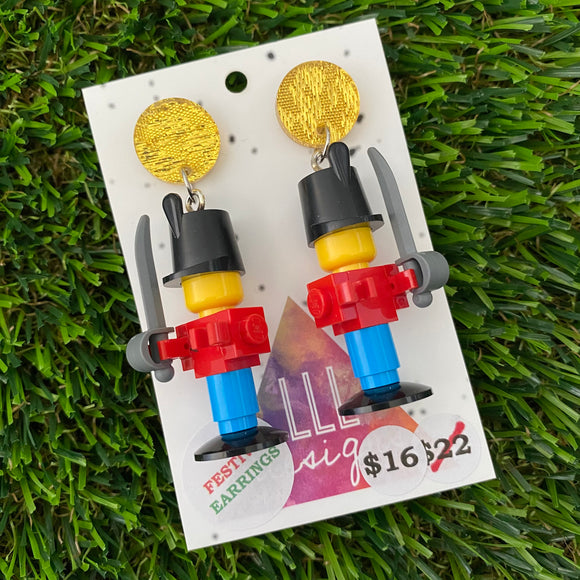 Christmas Toy Soldier Brick Earrings- Simple Festive Christmas Toy Soldier Brick Dangle Earrings, Featuring Glitzy Gold Tops.