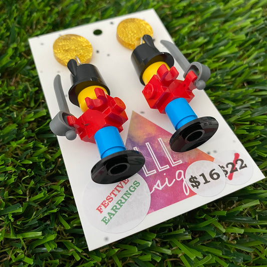 Christmas Toy Soldier Brick Earrings- Simple Festive Christmas Toy Soldier Brick Dangle Earrings, Featuring Glitzy Gold Tops.