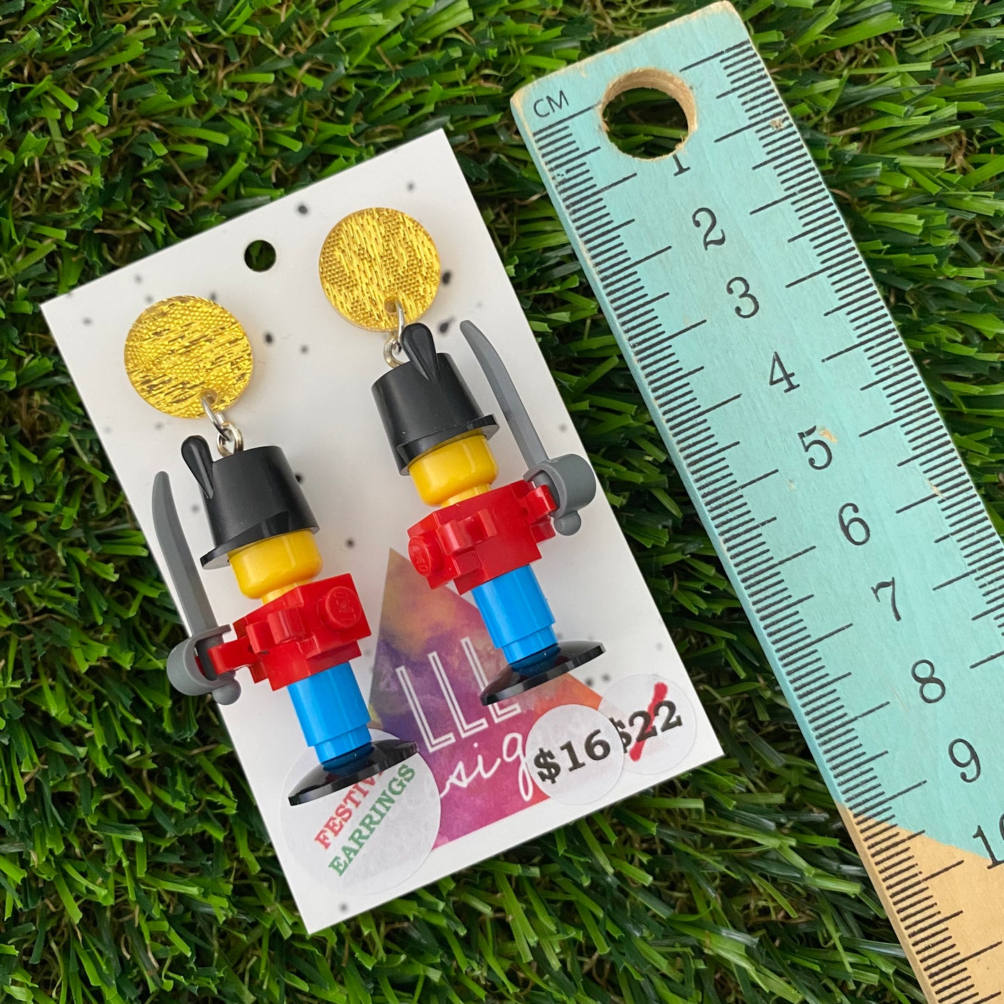 Christmas Toy Soldier Brick Earrings- Simple Festive Christmas Toy Soldier Brick Dangle Earrings, Featuring Glitzy Gold Tops.
