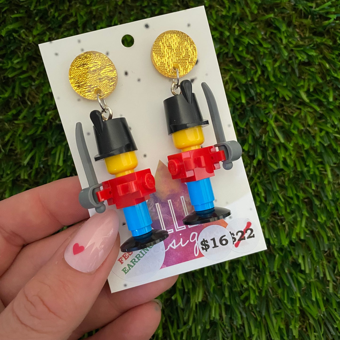 Christmas Toy Soldier Brick Earrings- Simple Festive Christmas Toy Soldier Brick Dangle Earrings, Featuring Glitzy Gold Tops.
