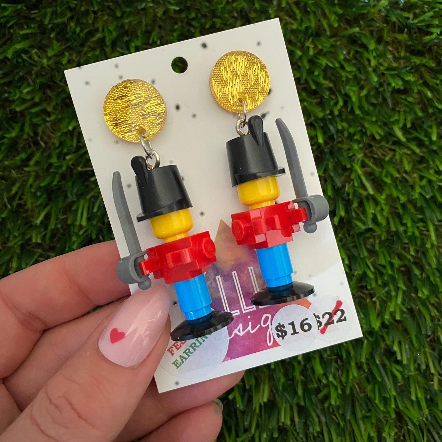 Christmas Toy Soldier Brick Earrings- Simple Festive Christmas Toy Soldier Brick Dangle Earrings, Featuring Glitzy Gold Tops.