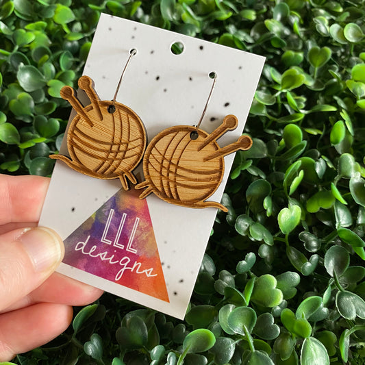 Knitting Earrings. Knitting Needles and Yarn Bamboo Earrings on 20mm Hoops.