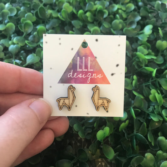Laser Etched Timber Geometric Llama Stud Earrings.