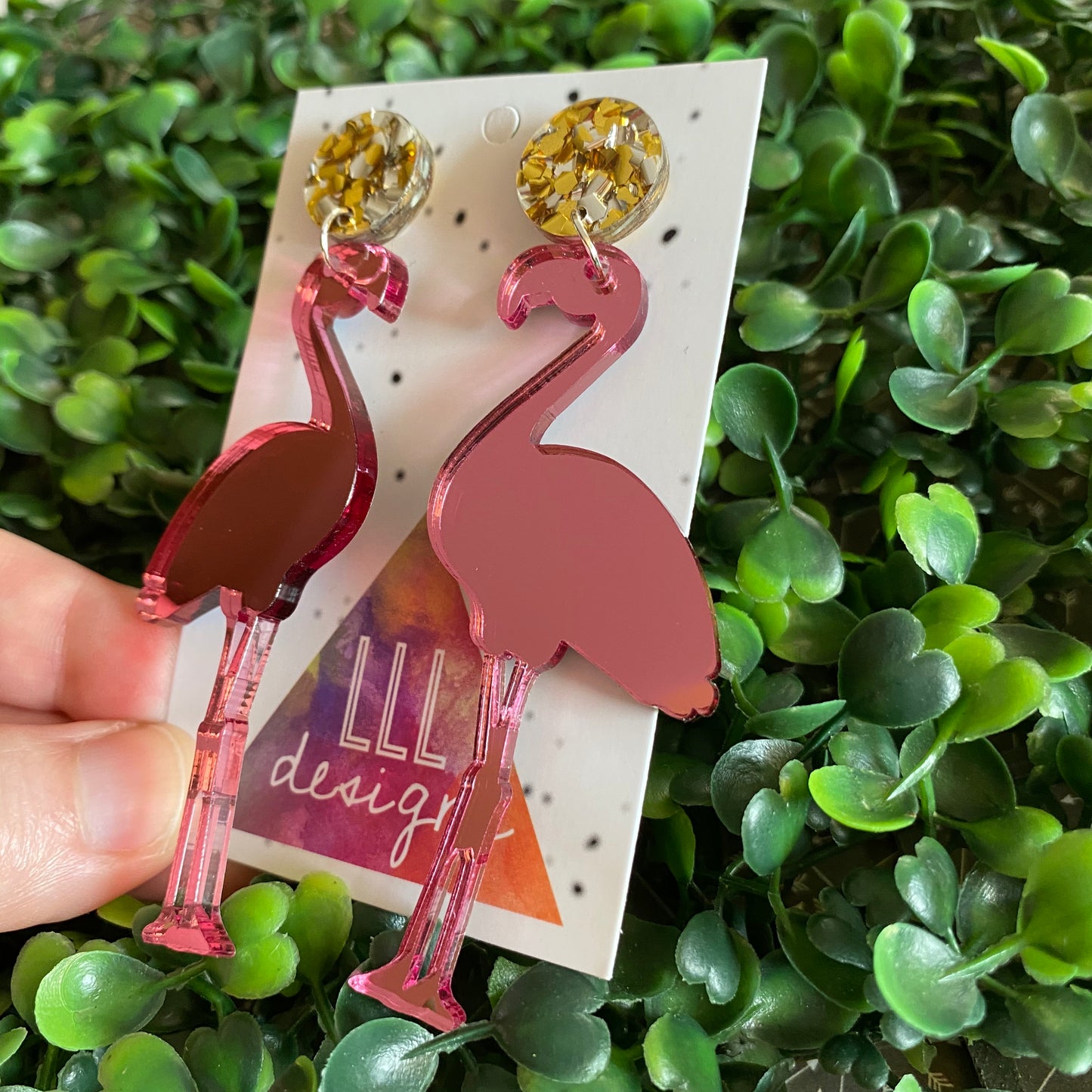 Glamour Flamingo Statement Dangle Earrings. Finished with Silver and Gold Glitz Confetti Tops.