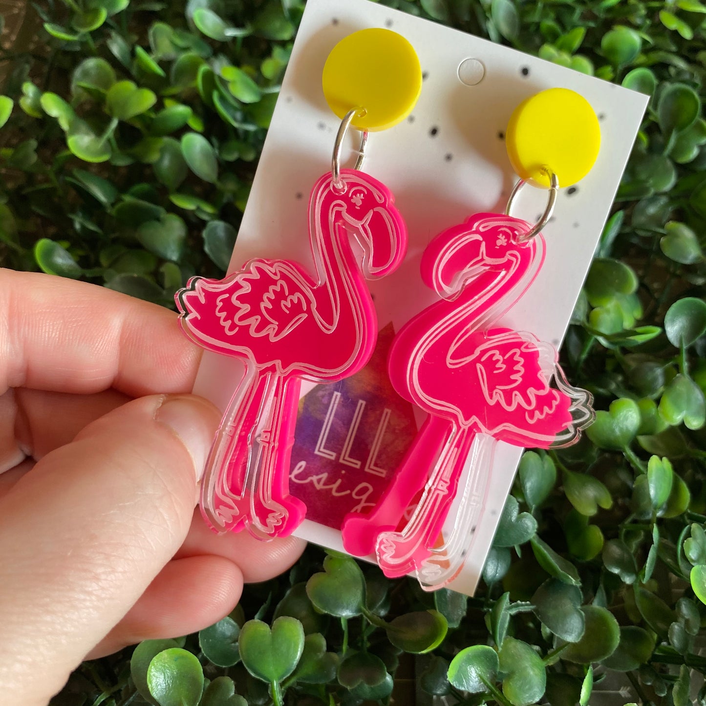 Fancy Flamingo Statement Dangle Earrings. 2 Layers of Acrylic Fabulousness - Neon Pink with Yellow Tops.