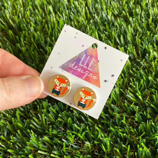 Super Cute Cartoon Hipster Fox Printed Timber Stud Earrings.