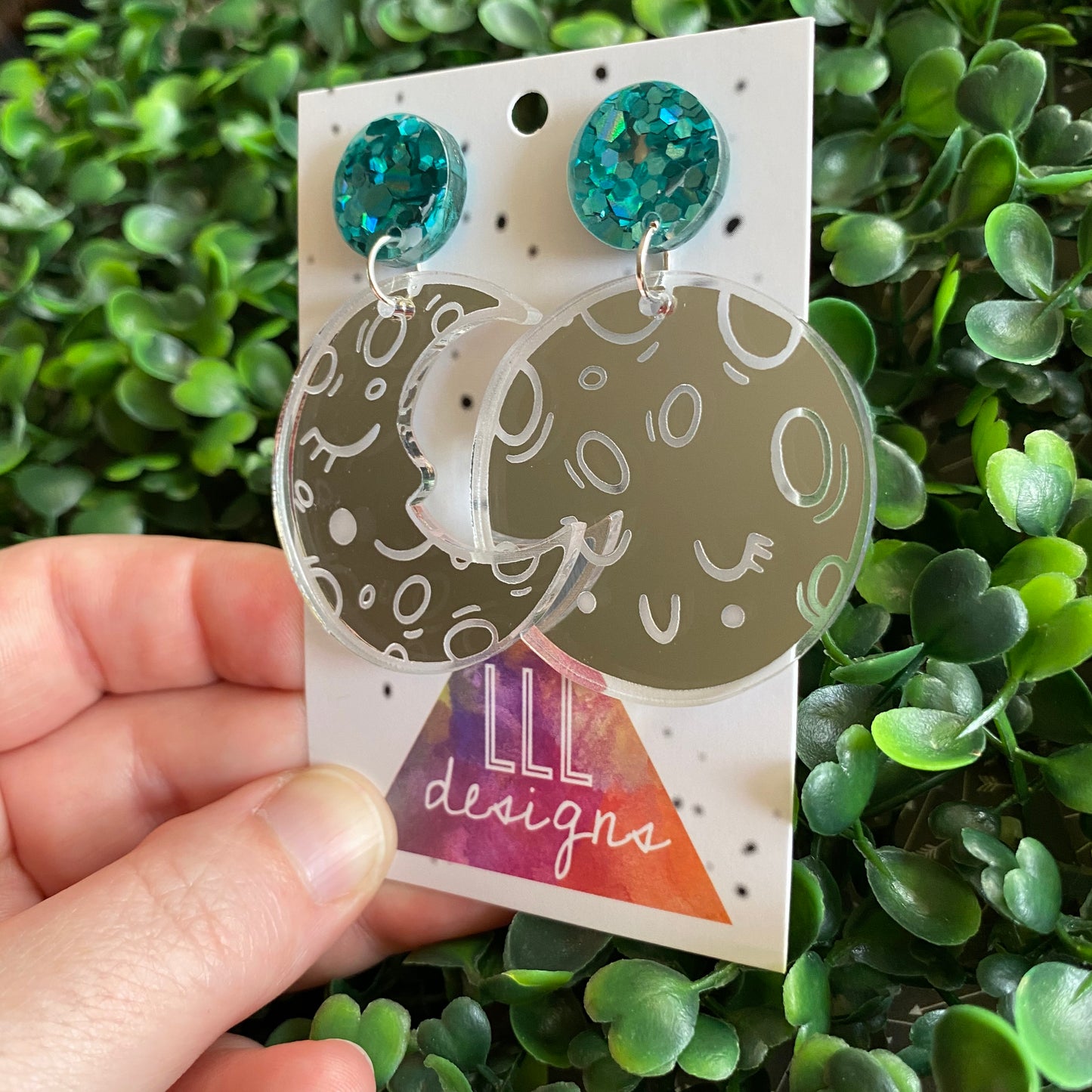 Moon Earring. Dreamy Sleepy Mirror Moon Dangle Earrings in Silver with Stunning Aqua Confetti Acrylic Tops.
