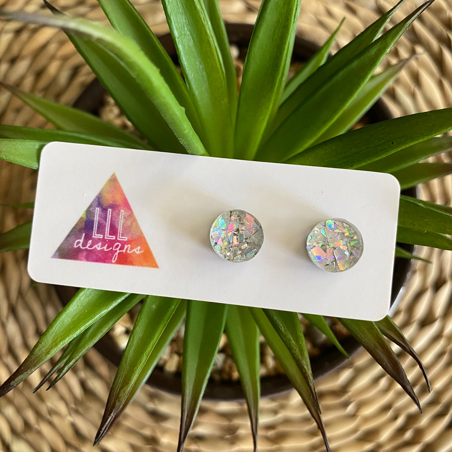 Circle Earrings. Holographic Silver Shatter Circle Stud Earrings.