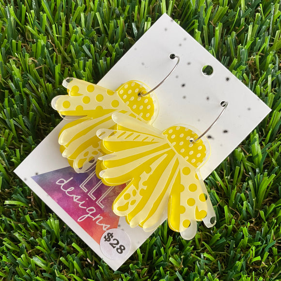 Sunshine Yellow Floral Hoop Dangle Earrings - Double Layered Acrylic - Can be Worn 3 Ways!