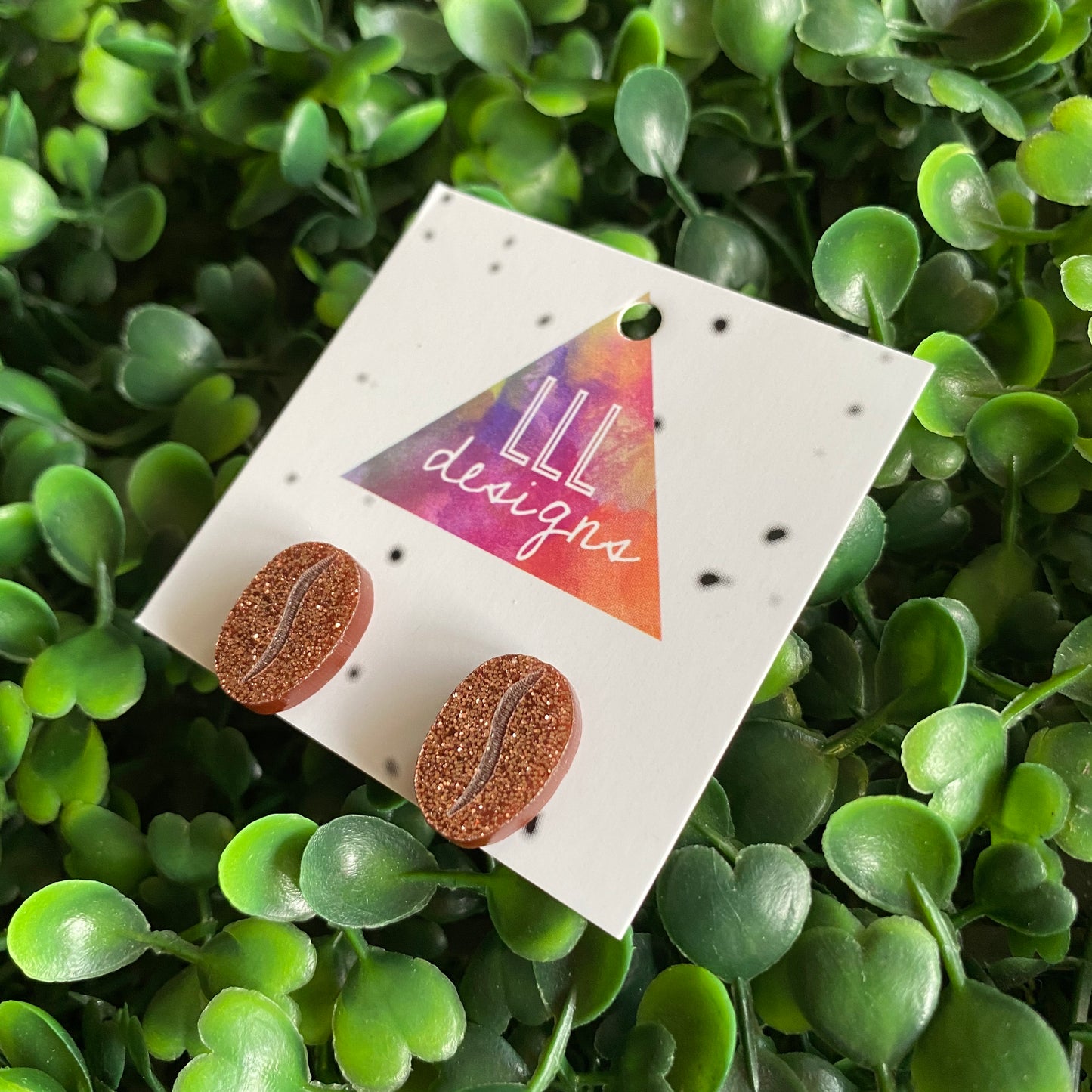 Coffee Bean Stud Earrings. Super Cute Glitter Copper Coffee Bean Stud Earrings With Etched Detail.