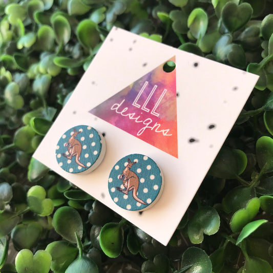 Cute and Quirky Kangaroo Printed Timber Stud Earrings.