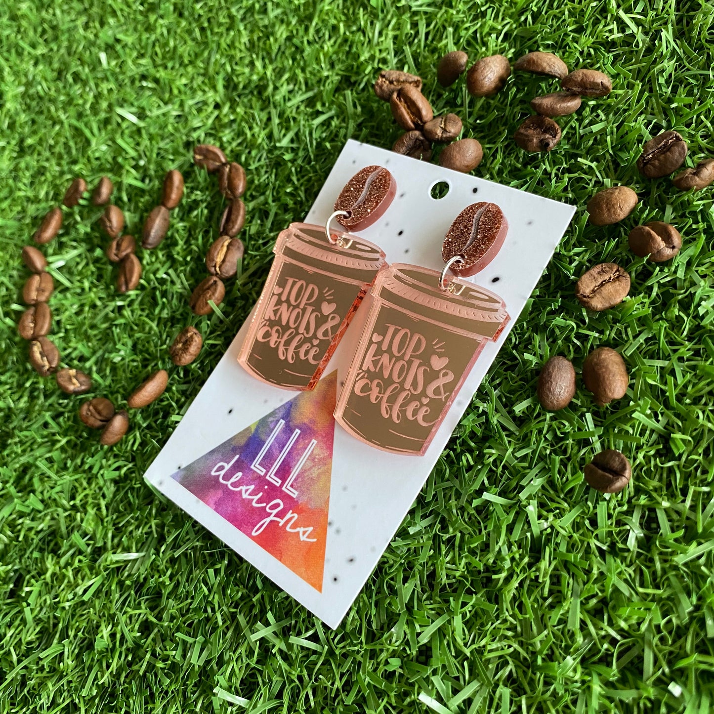 Top Knots & Coffee Statement Dangle Earrings Featuring Copper Glitter Coffee Bean Tops to make them POP!
