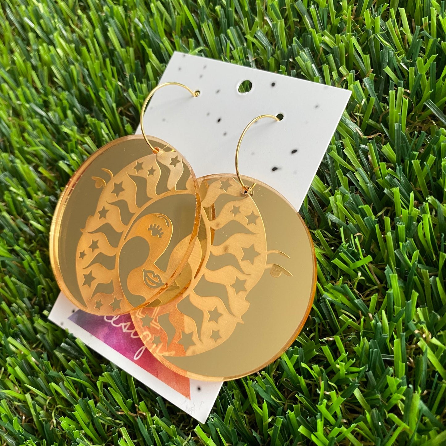 Goddess - Stunning Gold Mirror Sun and Moon Statement Hoop Dangle Earrings