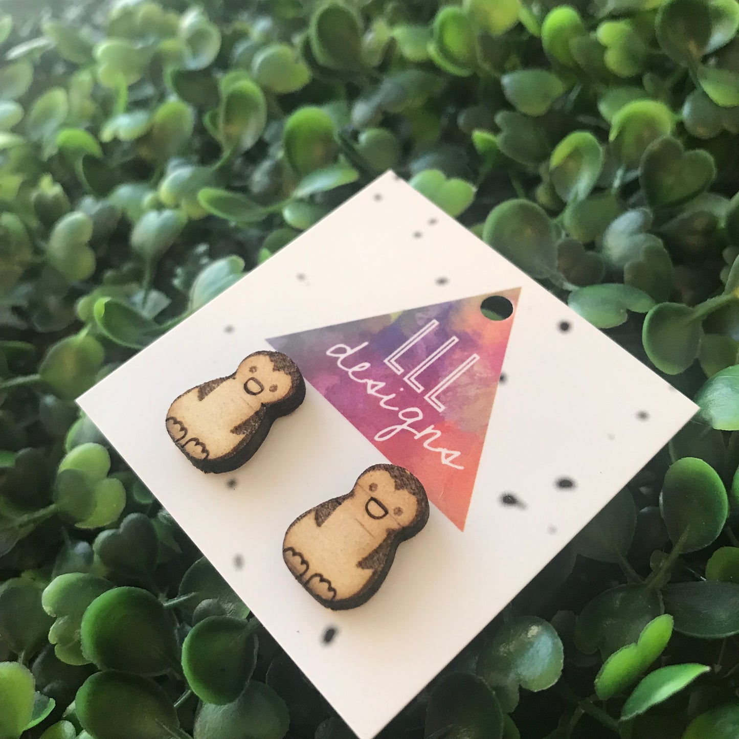 Laser Etched Timber Penguin Stud Earrings.