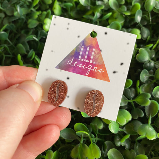 Coffee Bean Stud Earrings. Super Cute Glitter Copper Coffee Bean Stud Earrings With Etched Detail.