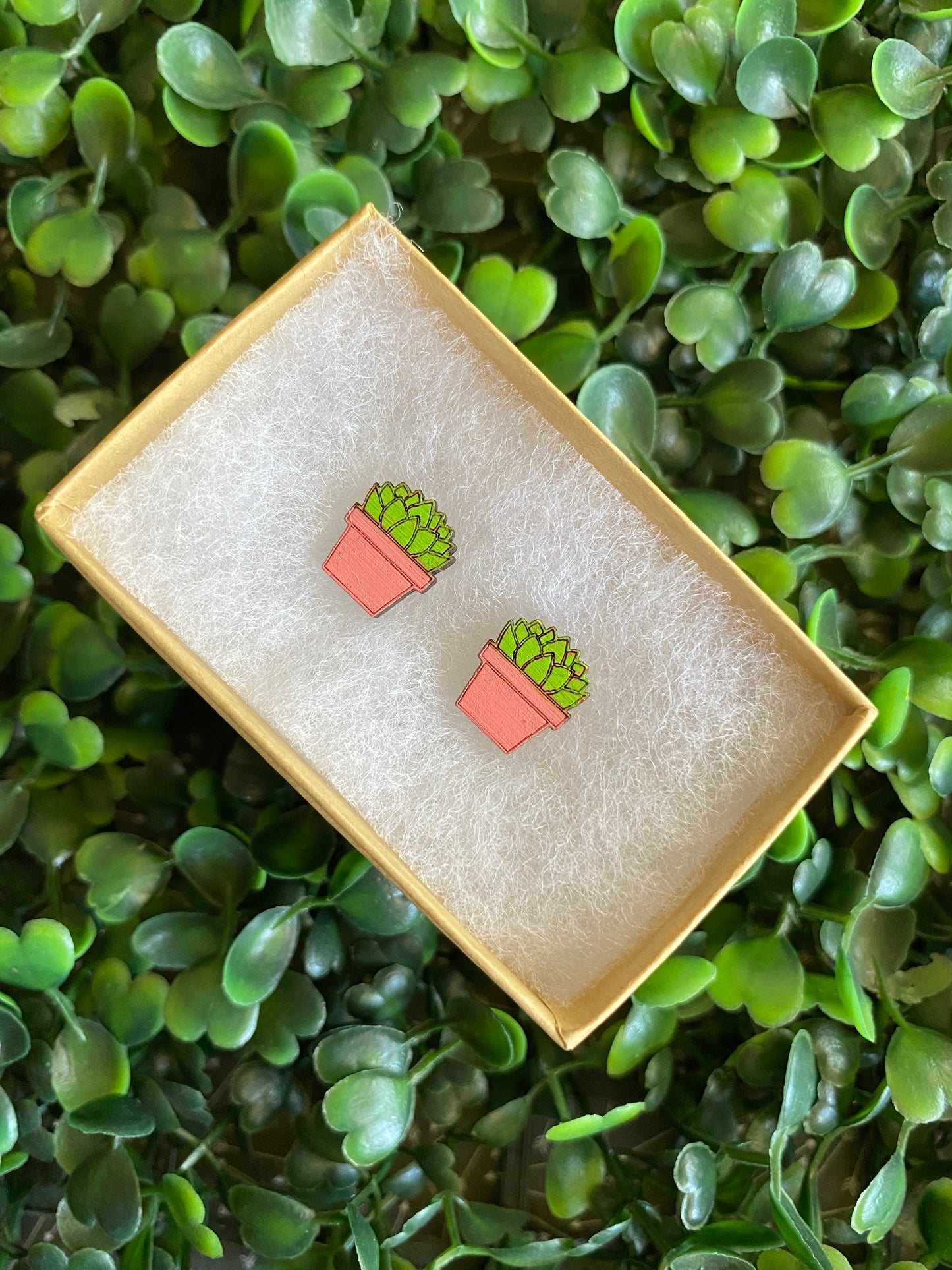 Succulent Earrings - Detailed Hand Painted Bamboo Earrings - Packaged in Recycled Branded Cardboard Gift Box - Available in 3 Stunning Colours.