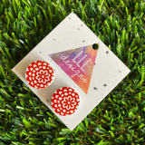 Radiant Red Floral Printed Timber Stud Earrings.