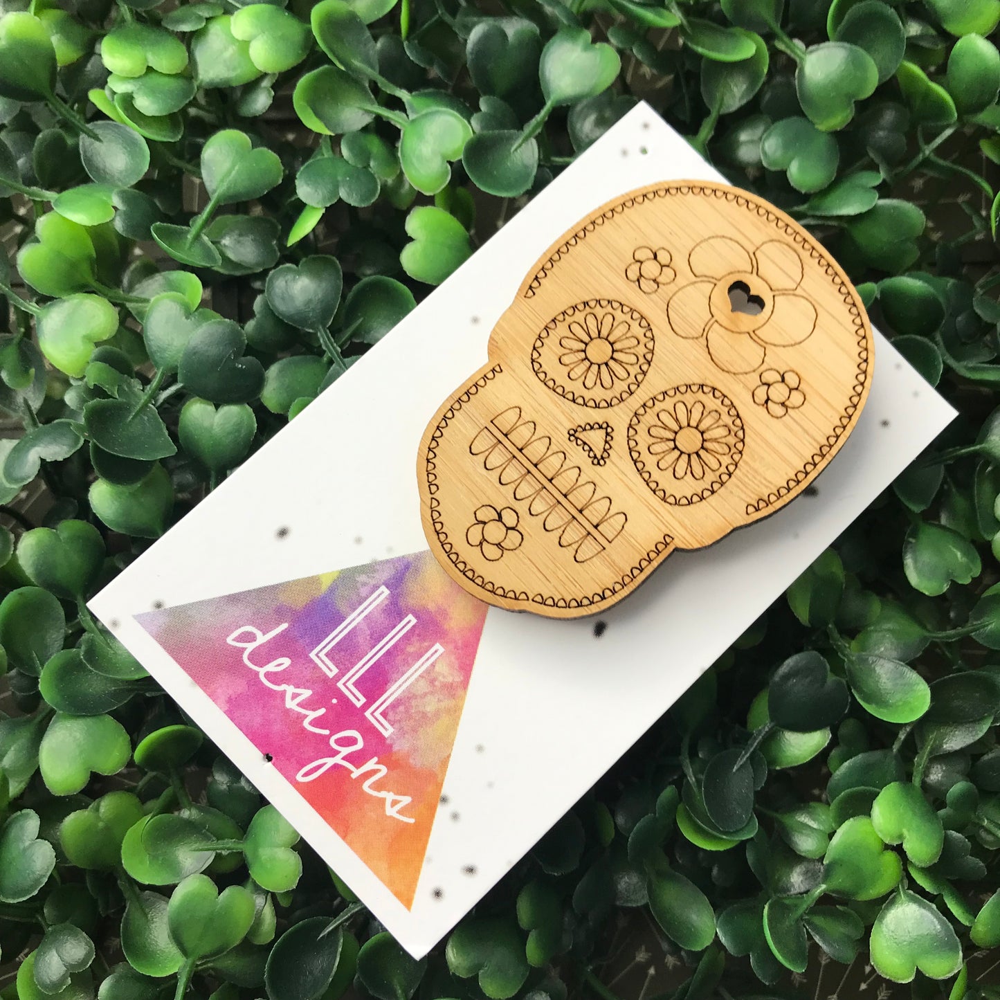 Bamboo Sugar Skull Brooch - Detailed Laser Etched Sugar Skull Badge.