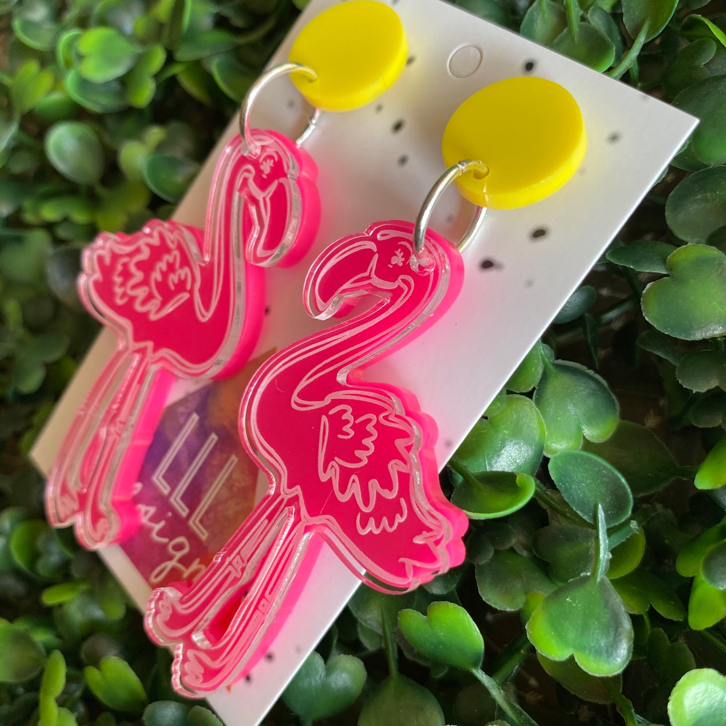 Fancy Flamingo Statement Dangle Earrings. 2 Layers of Acrylic Fabulousness - Neon Pink with Yellow Tops.