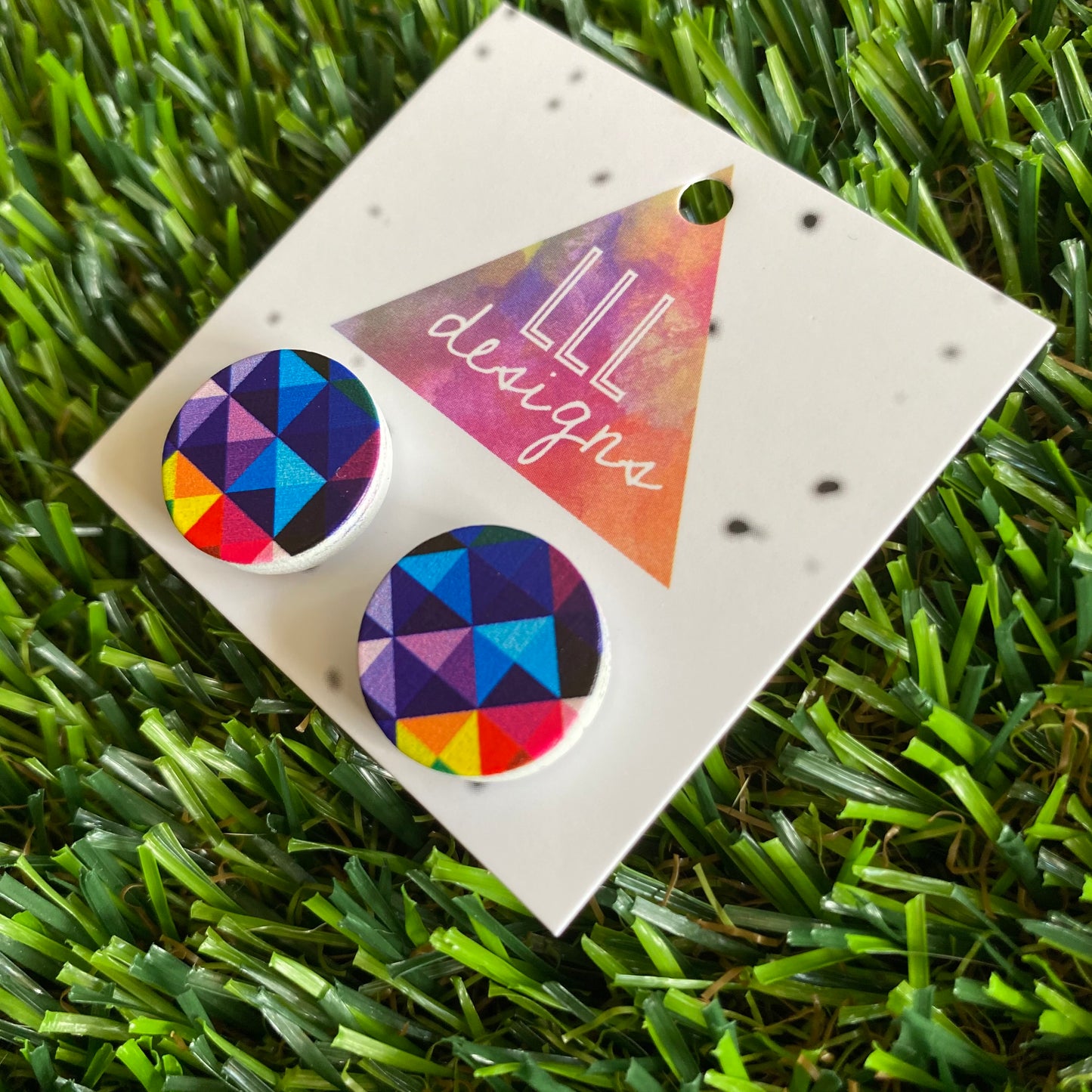 A Rainbow of Colour in these Geometric Printed Timber Stud Earrings.