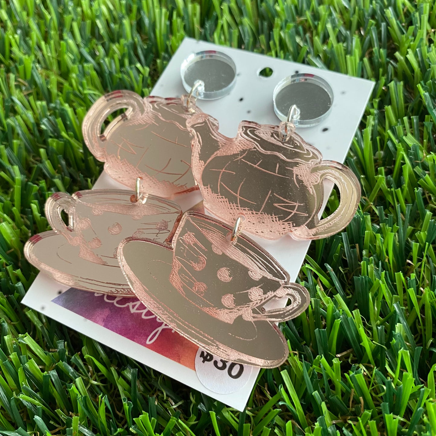 Tea for Two - Rose Gold Mirror Statement Dangle Earrings
