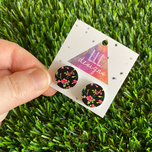 Pretty Pink Floral Printed Timber Stud Earrings (dark backgound).