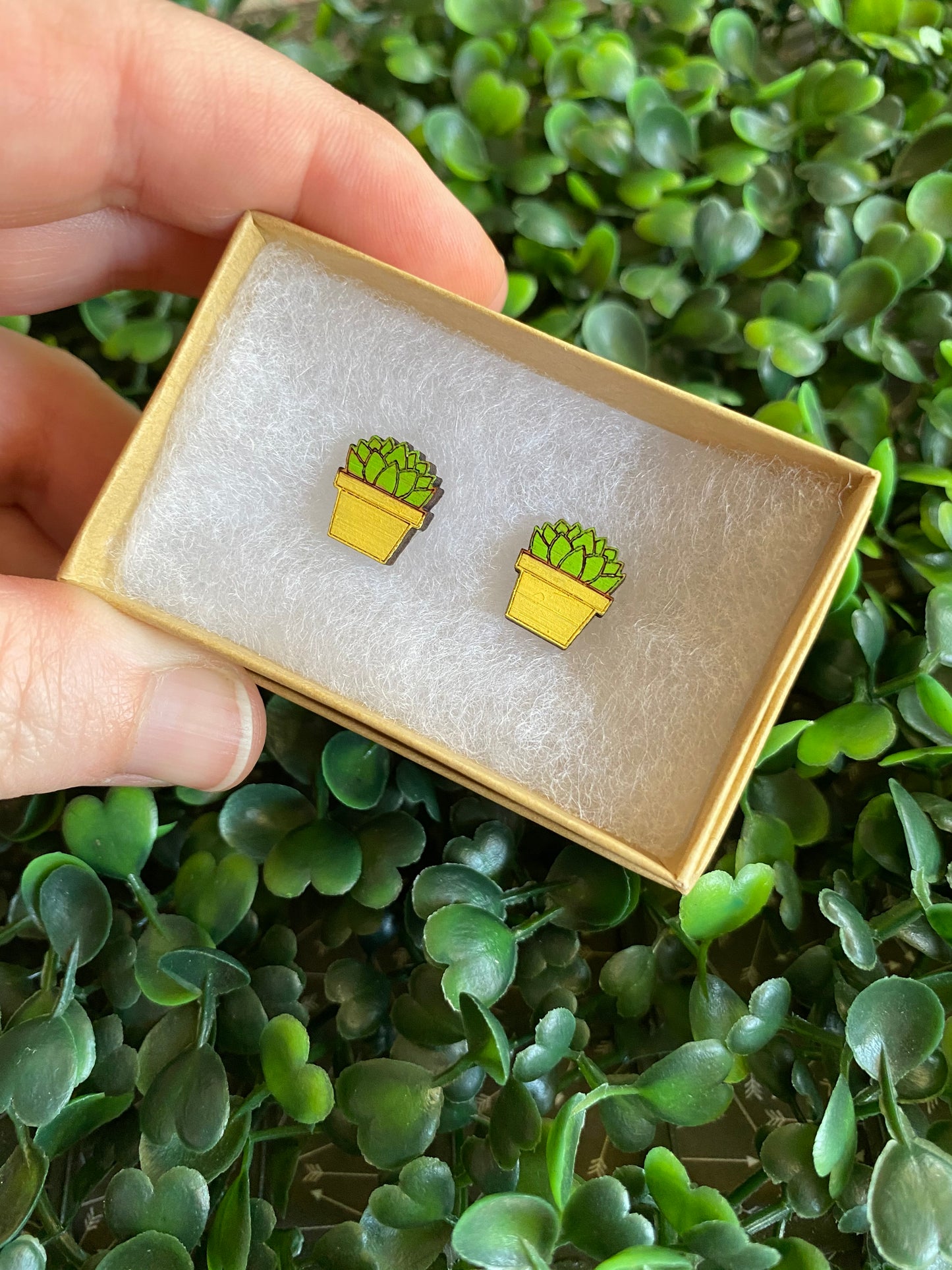Succulent Earrings - Detailed Hand Painted Bamboo Earrings - Packaged in Recycled Branded Cardboard Gift Box - Available in 3 Stunning Colours.