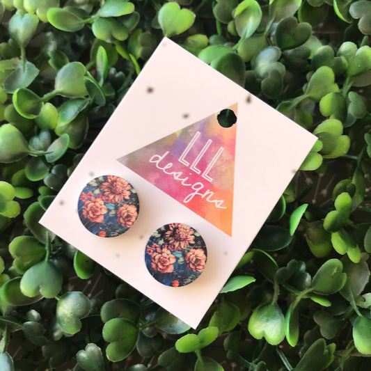 Navy Blue Floral Trio Printed Timber Stud Earrings.