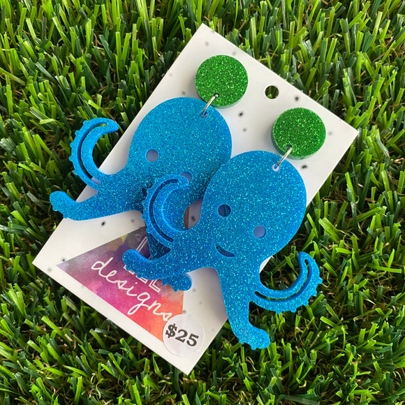 Glitter Blue Mega Octopus Dangle Earrings