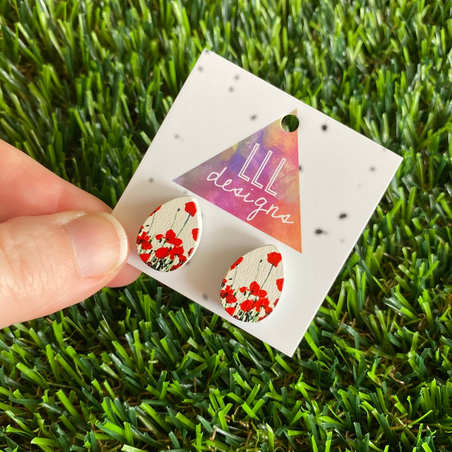 Red Poppy Field - Printed Tear Drop Timber Stud Earrings.