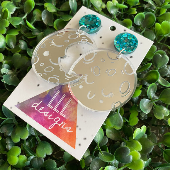 Moon Earring. Dreamy Sleepy Mirror Moon Dangle Earrings in Silver with Stunning Aqua Confetti Acrylic Tops.